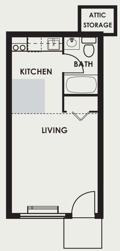 A floor plan of a small apartment with a kitchen, bath, and living room.